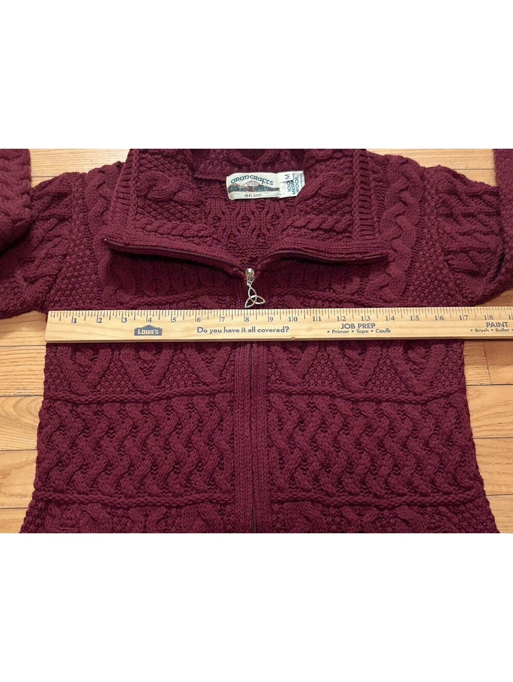 Aran Crafts Ireland 100% Merino Wool Cable Knit Full Zip Cardigan Size M Wine - Picture 5 of 7
